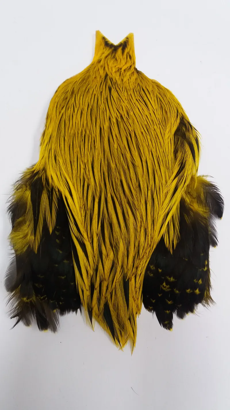 The Lakeland Brahma Rooster Cape in Silver Badger Dyed Yellow  from Whiting Farms-9